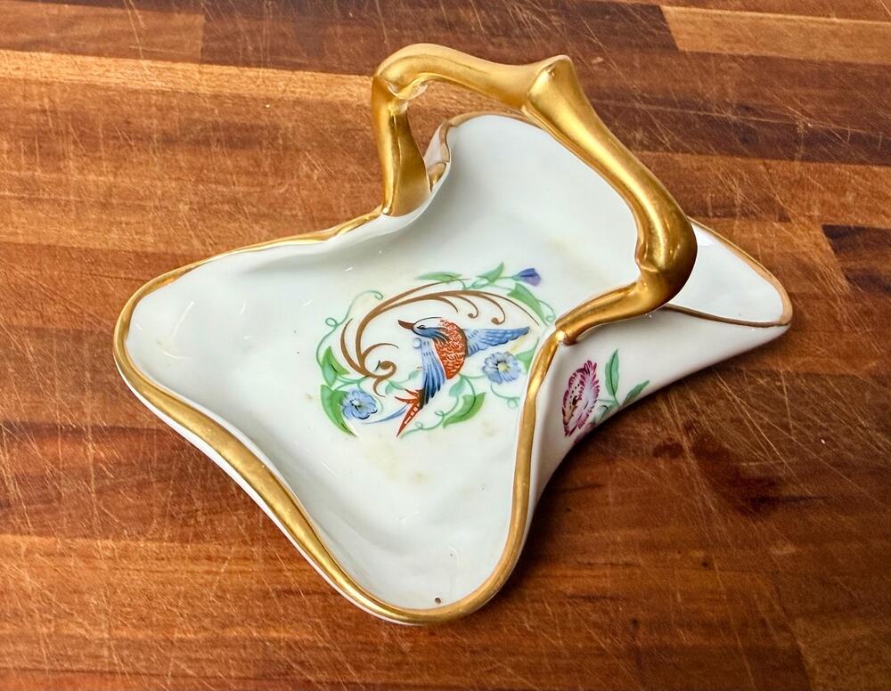 Vintage Limoges Castel Porcelain Basket Dish: Bird Floral Gold Gilt Handle